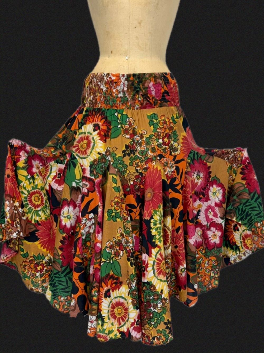 VINTAGE bold floral long maxi skirt smocked elastic waist full boho gypsy y2k